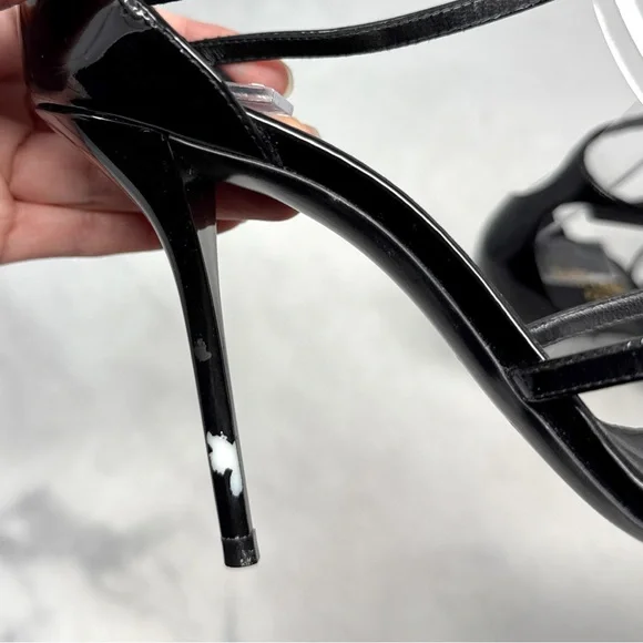 Saint Laurent YSL Cassandra Patent Leather Strappy Sandal Heels Black Gold 36.5 - Picture 11 of 16